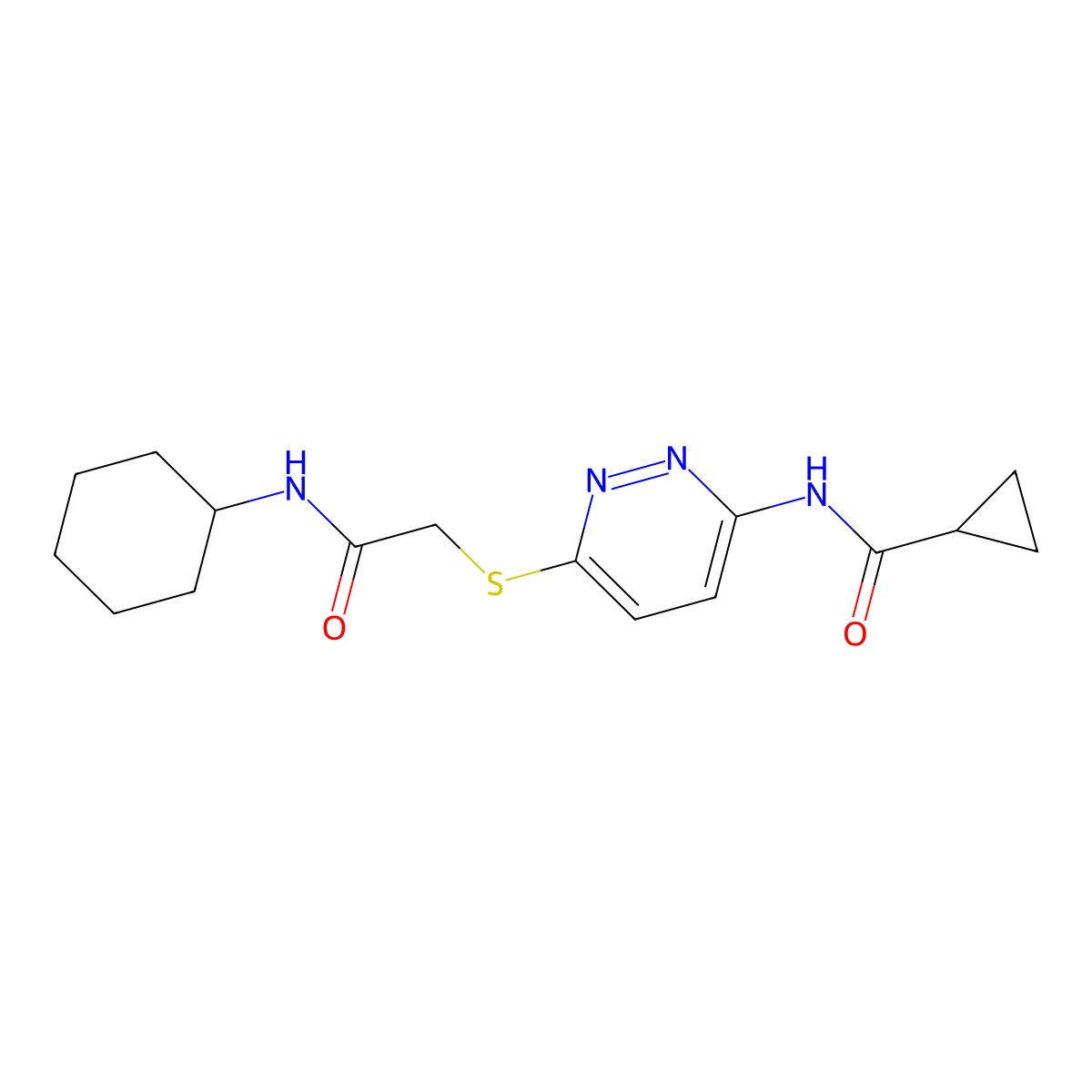 N-(6-((2-(cyclohexylamino)-2-oxoethyl)thio)pyridazin-3-yl)cyclopropanecarboxamide molecular structure, CAS 1021056-20-1