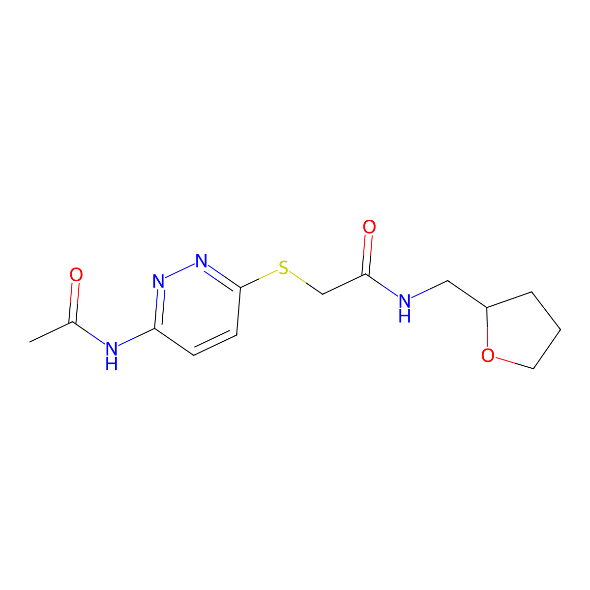 2-((6-acetamidopyridazin-3-yl)thio)-N-((tetrahydrofuran-2-yl)methyl)acetamide molecular structure, CAS 1021056-98-3