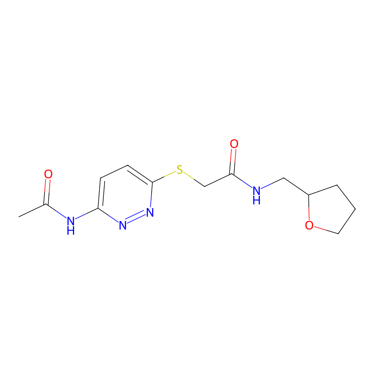 2-((6-acetamidopyridazin-3-yl)thio)-N-((tetrahydrofuran-2-yl)methyl)acetamide molecular structure, CAS 1021056-98-3