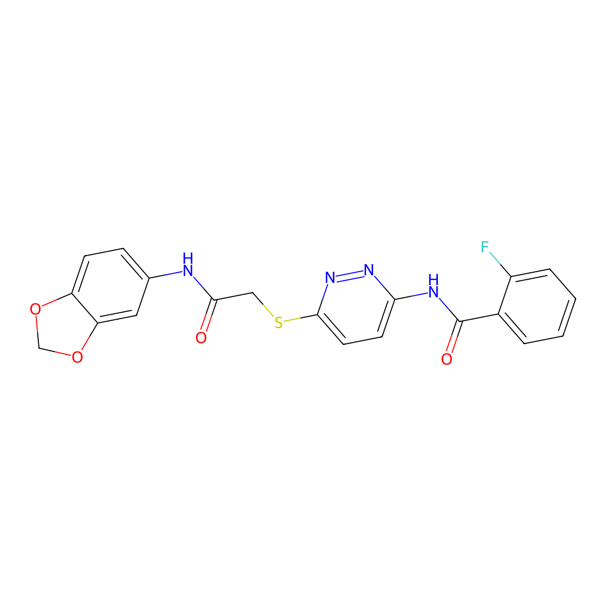 N-(6-((2-(benzo[d][1,3]dioxol-5-ylamino)-2-oxoethyl)thio)pyridazin-3-yl)-2-fluorobenzamide molecular structure, CAS 1021057-09-9