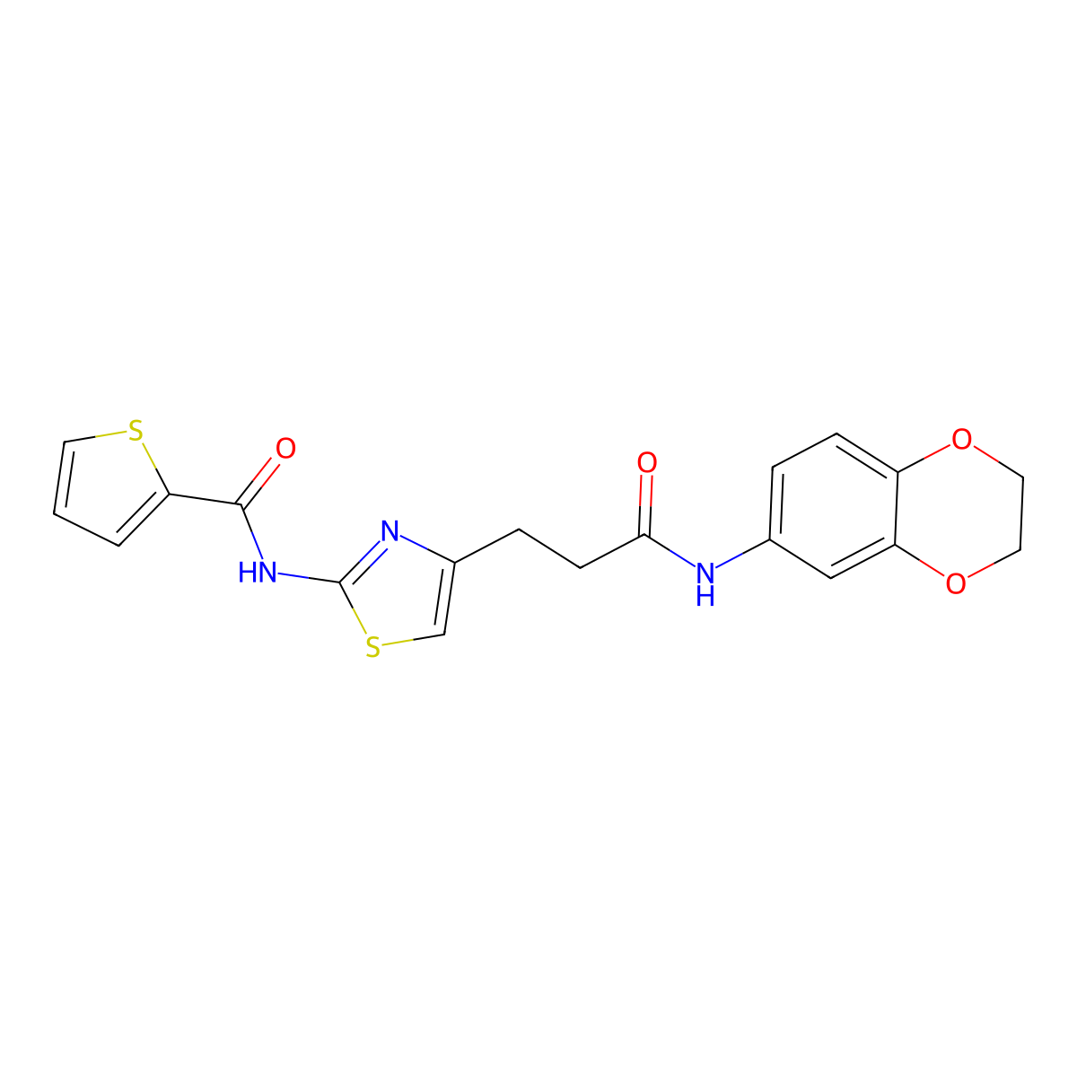 N-(4-(3-((2,3-dihydrobenzo[b][1,4]dioxin-6-yl)amino)-3-oxopropyl)thiazol-2-yl)thiophene-2-carboxamide molecular structure, CAS 1021058-97-8