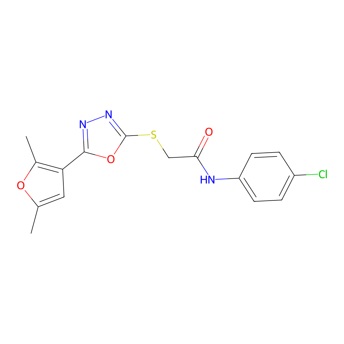 N-(4-chlorophenyl)-2-((5-(2,5-dimethylfuran-3-yl)-1,3,4-oxadiazol-2-yl)thio)acetamide molecular structure, CAS 1021059-12-0