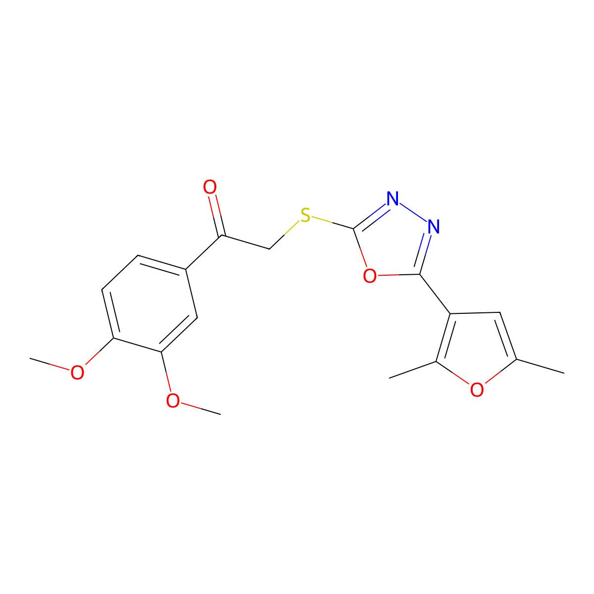 1-(3,4-Dimethoxyphenyl)-2-((5-(2,5-dimethylfuran-3-yl)-1,3,4-oxadiazol-2-yl)thio)ethanone molecular structure, CAS 1021059-13-1
