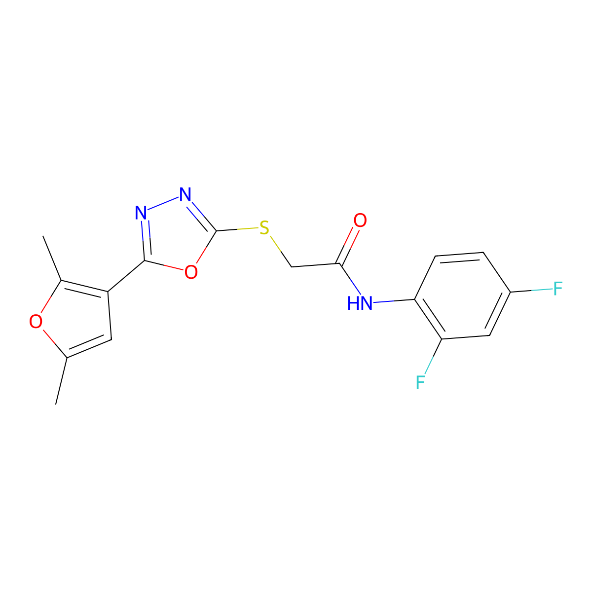 N-(2,4-difluorophenyl)-2-((5-(2,5-dimethylfuran-3-yl)-1,3,4-oxadiazol-2-yl)thio)acetamide molecular structure, CAS 1021059-15-3