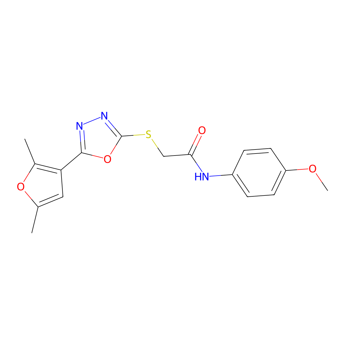 2-((5-(2,5-dimethylfuran-3-yl)-1,3,4-oxadiazol-2-yl)thio)-N-(4-methoxyphenyl)acetamide molecular structure, CAS 1021059-17-5