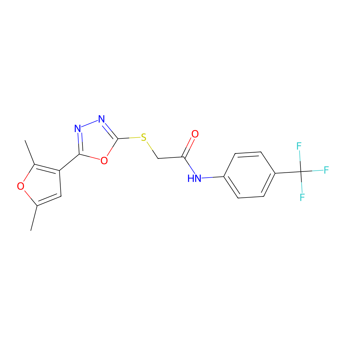 2-((5-(2,5-dimethylfuran-3-yl)-1,3,4-oxadiazol-2-yl)thio)-N-(4-(trifluoromethyl)phenyl)acetamide molecular structure, CAS 1021059-19-7