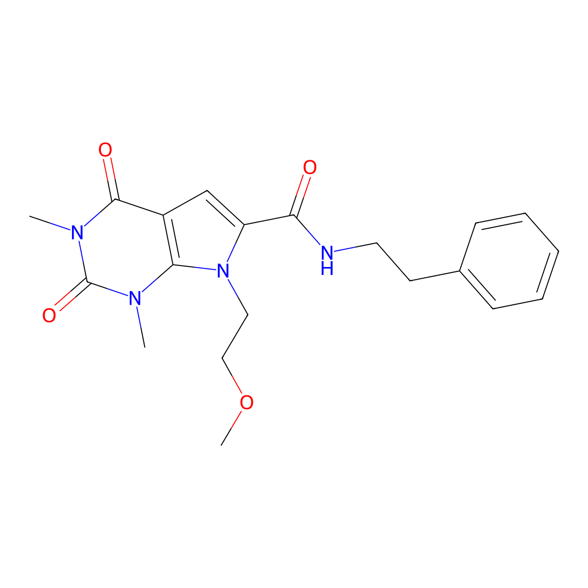 7-(2-methoxyethyl)-1,3-dimethyl-2,4-dioxo-N-(2-phenylethyl)-1H,2H,3H,4H,7H-pyrrolo[2,3-d]pyrimidine-6-carboxamide molecular structure, CAS 1021059-21-1