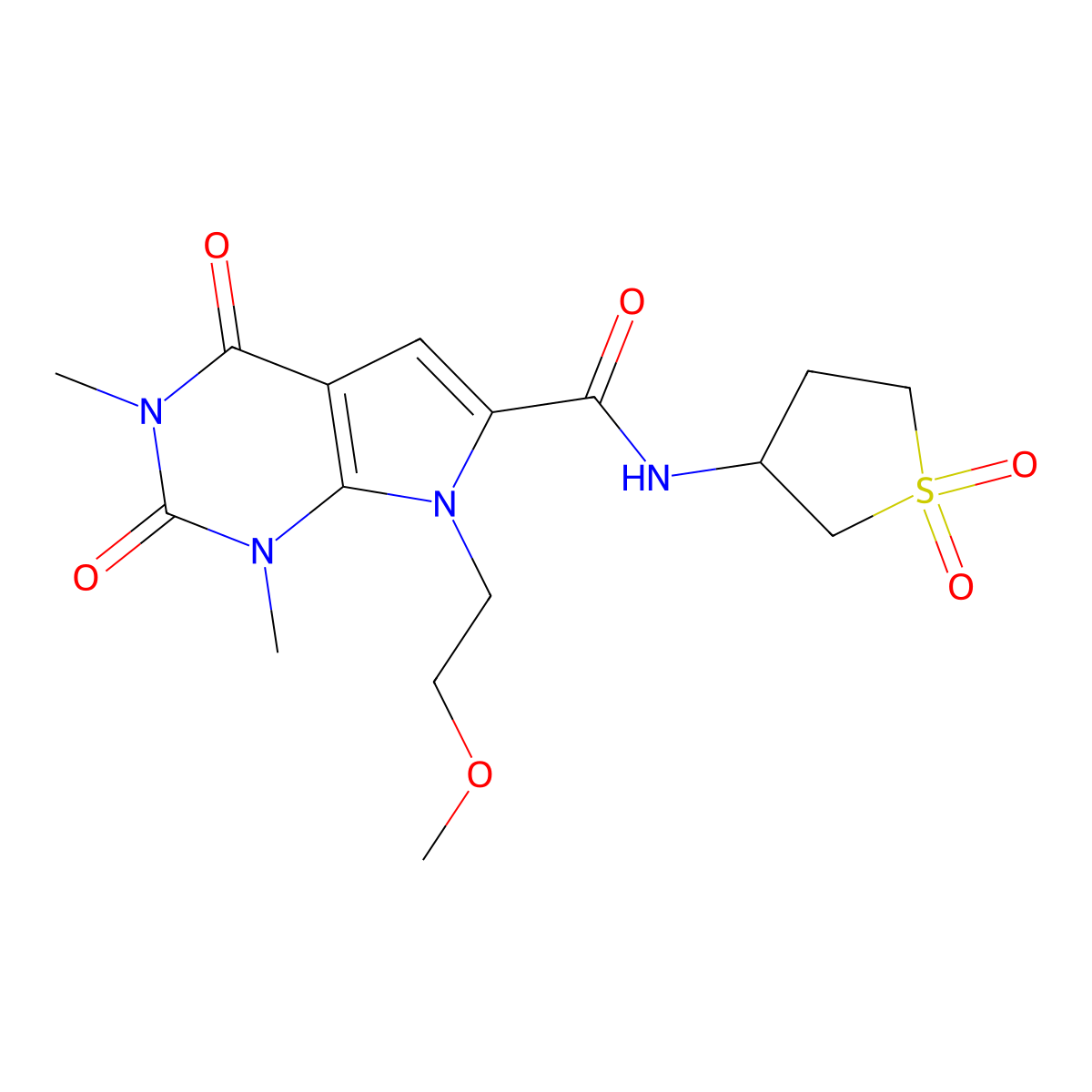 N-(1,1-dioxidotetrahydrothiophen-3-yl)-7-(2-methoxyethyl)-1,3-dimethyl-2,4-dioxo-2,3,4,7-tetrahydro-1H-pyrrolo[2,3-d]pyrimidine-6-carboxamide molecular structure, CAS 1021059-23-3
