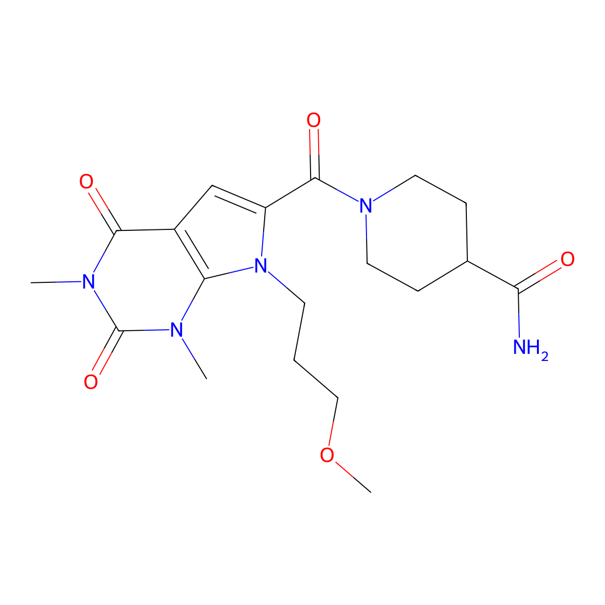 1-(7-(3-methoxypropyl)-1,3-dimethyl-2,4-dioxo-2,3,4,7-tetrahydro-1H-pyrrolo[2,3-d]pyrimidine-6-carbonyl)piperidine-4-carboxamide molecular structure, CAS 1021059-37-9