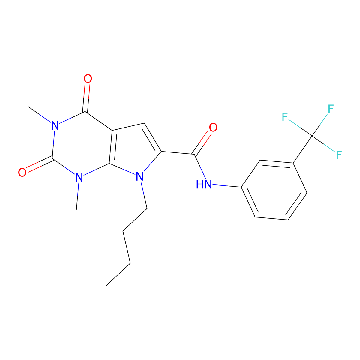 7-butyl-1,3-dimethyl-2,4-dioxo-N-(3-(trifluoromethyl)phenyl)-2,3,4,7-tetrahydro-1H-pyrrolo[2,3-d]pyrimidine-6-carboxamide molecular structure, CAS 1021059-60-8