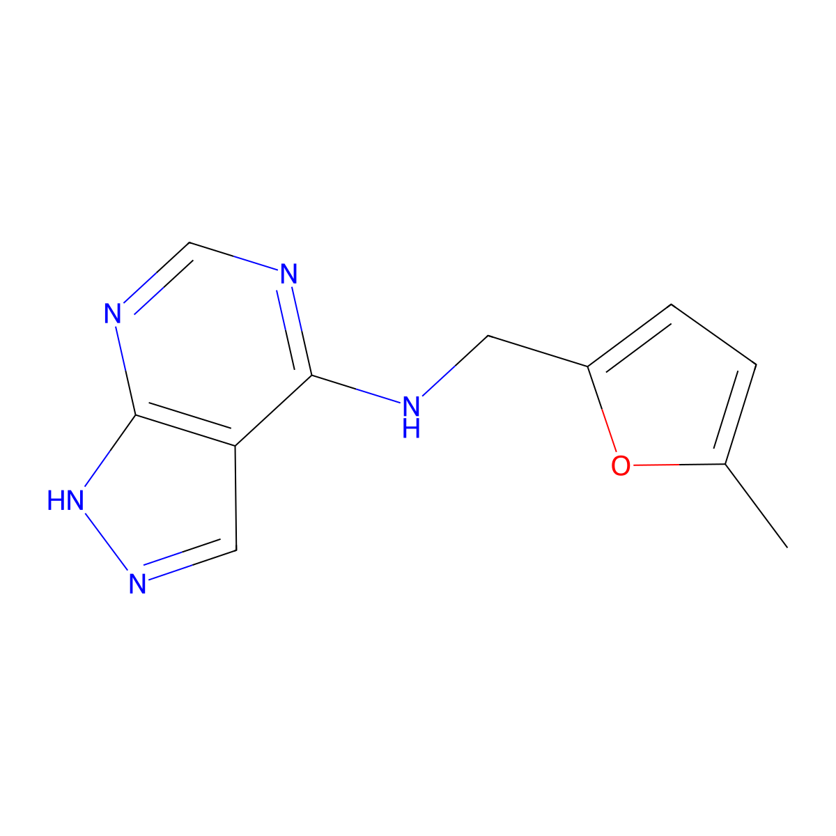 N-((5-methylfuran-2-yl)methyl)-1H-pyrazolo[3,4-d]pyrimidin-4-amine molecular structure, CAS 1021059-95-9