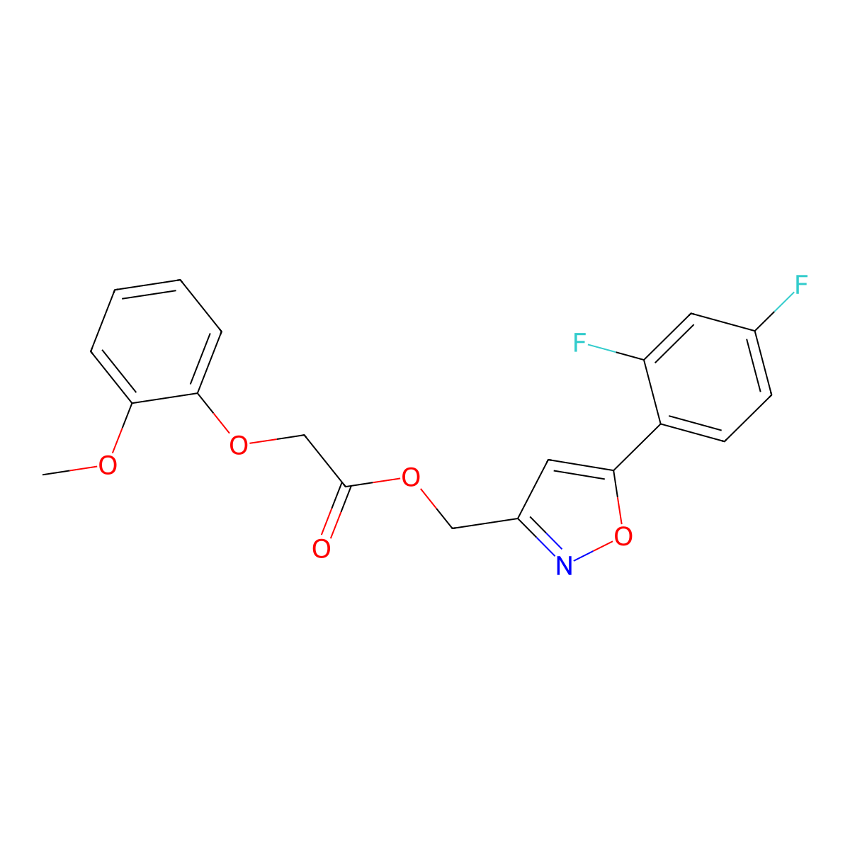 (5-(2,4-Difluorophenyl)isoxazol-3-yl)methyl 2-(2-methoxyphenoxy)acetate molecular structure, CAS 1021060-30-9