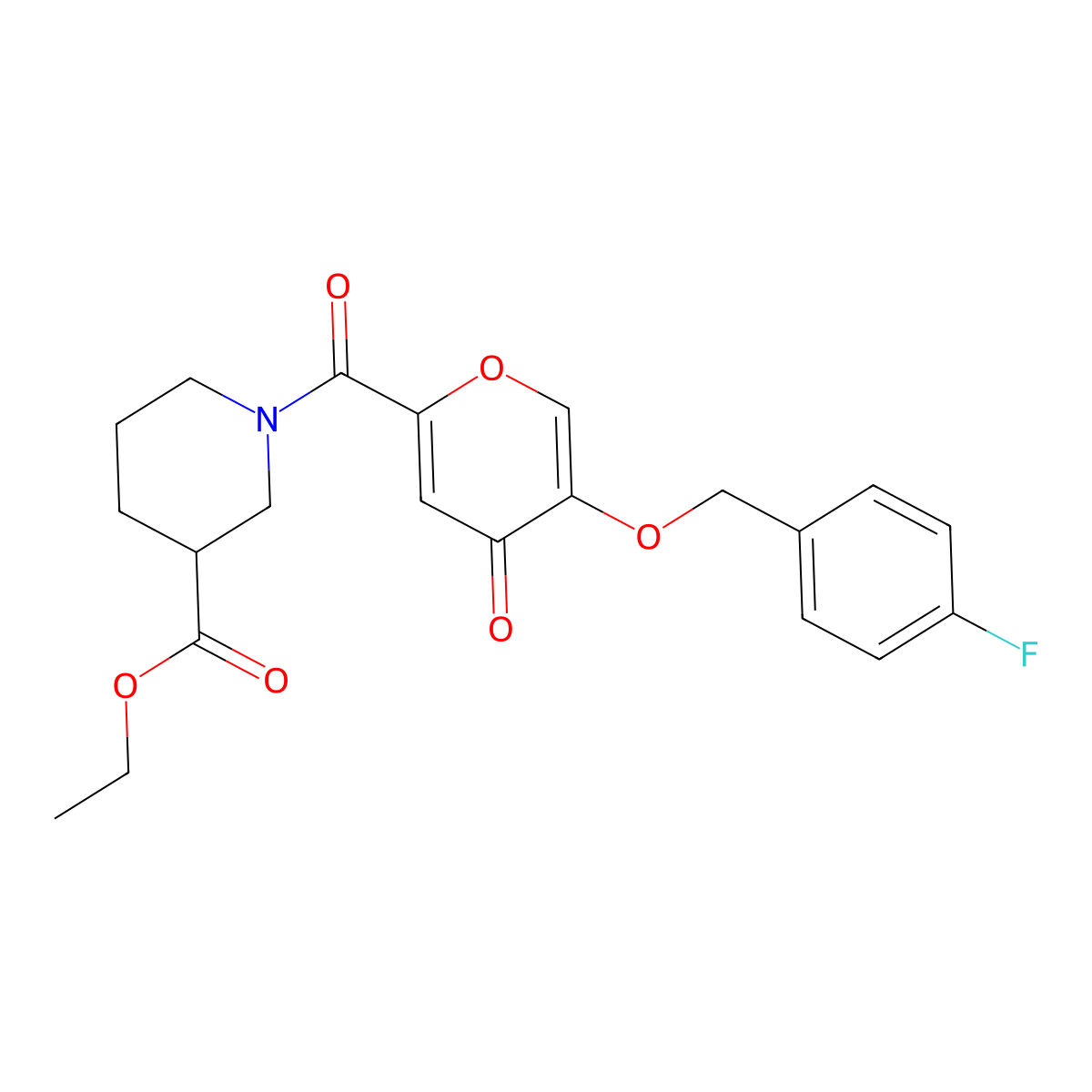 ethyl 1-(5-((4-fluorobenzyl)oxy)-4-oxo-4H-pyran-2-carbonyl)piperidine-3-carboxylate molecular structure, CAS 1021060-35-4