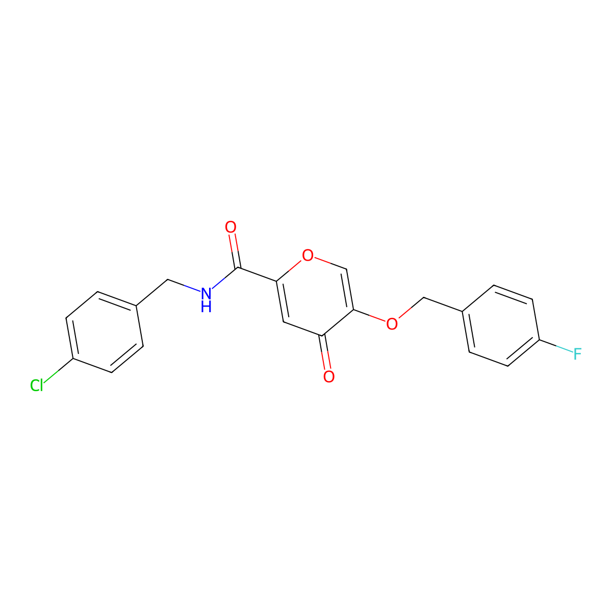 N-(4-chlorobenzyl)-5-((4-fluorobenzyl)oxy)-4-oxo-4H-pyran-2-carboxamide molecular structure, CAS 1021060-52-5