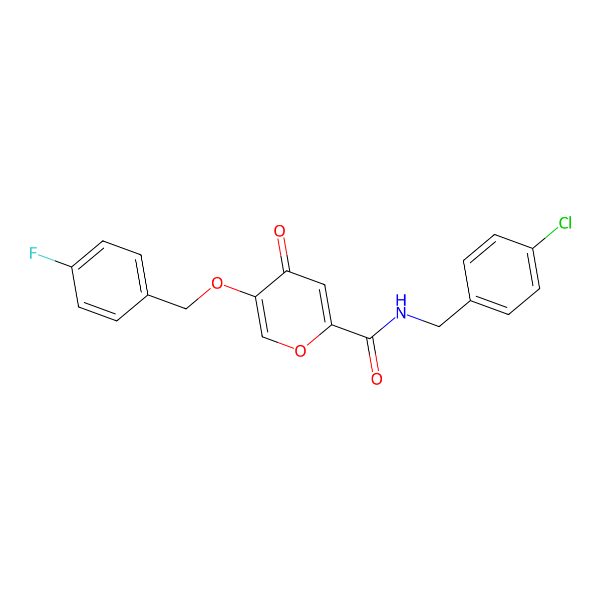 N-(4-chlorobenzyl)-5-((4-fluorobenzyl)oxy)-4-oxo-4H-pyran-2-carboxamide molecular structure, CAS 1021060-52-5