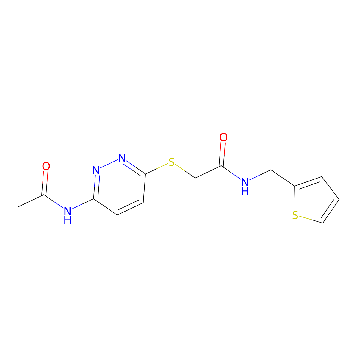 2-((6-acetamidopyridazin-3-yl)thio)-N-(thiophen-2-ylmethyl)acetamide molecular structure, CAS 1021060-65-0