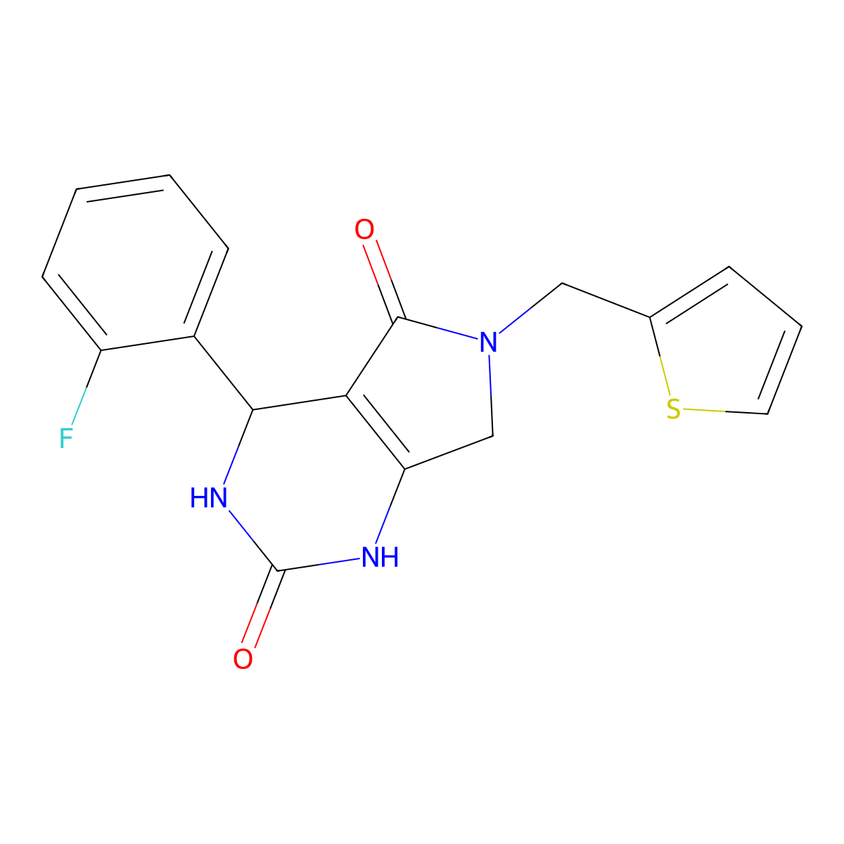 4-(2-fluorophenyl)-6-(thiophen-2-ylmethyl)-3,4,6,7-tetrahydro-1H-pyrrolo[3,4-d]pyrimidine-2,5-dione molecular structure, CAS 1021060-67-2