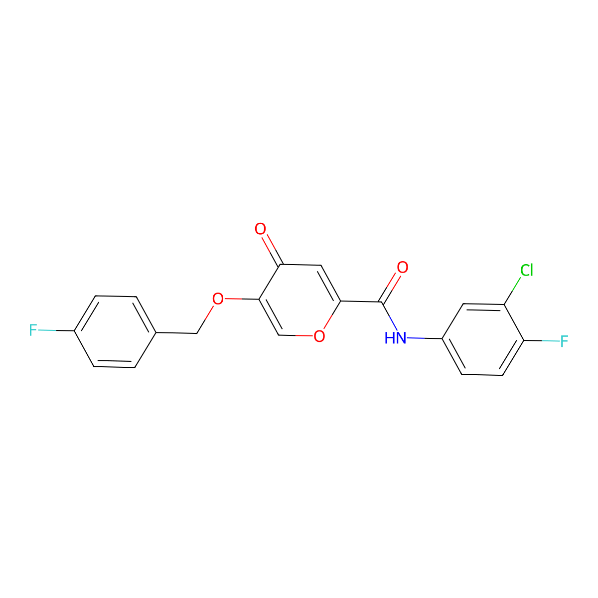 N-(3-chloro-4-fluorophenyl)-5-((4-fluorobenzyl)oxy)-4-oxo-4H-pyran-2-carboxamide molecular structure, CAS 1021060-69-4