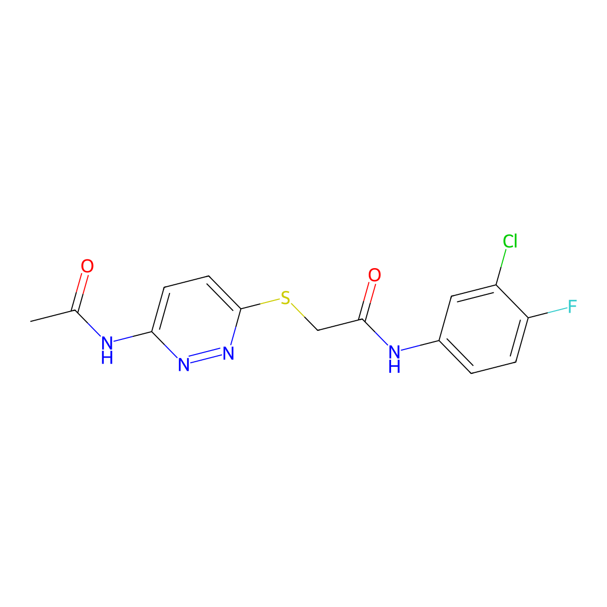 2-((6-acetamidopyridazin-3-yl)thio)-N-(3-chloro-4-fluorophenyl)acetamide molecular structure, CAS 1021060-71-8