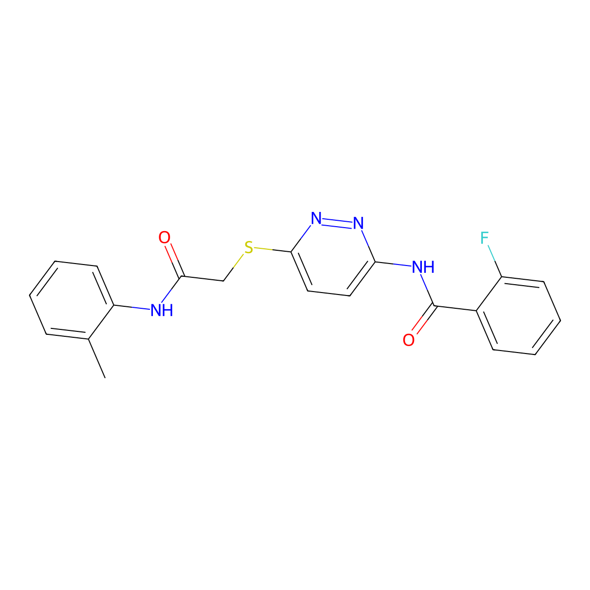 2-fluoro-N-(6-((2-oxo-2-(o-tolylamino)ethyl)thio)pyridazin-3-yl)benzamide molecular structure, CAS 1021060-74-1