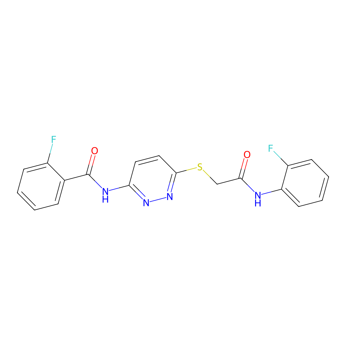 2-fluoro-N-(6-((2-((2-fluorophenyl)amino)-2-oxoethyl)thio)pyridazin-3-yl)benzamide molecular structure, CAS 1021060-77-4
