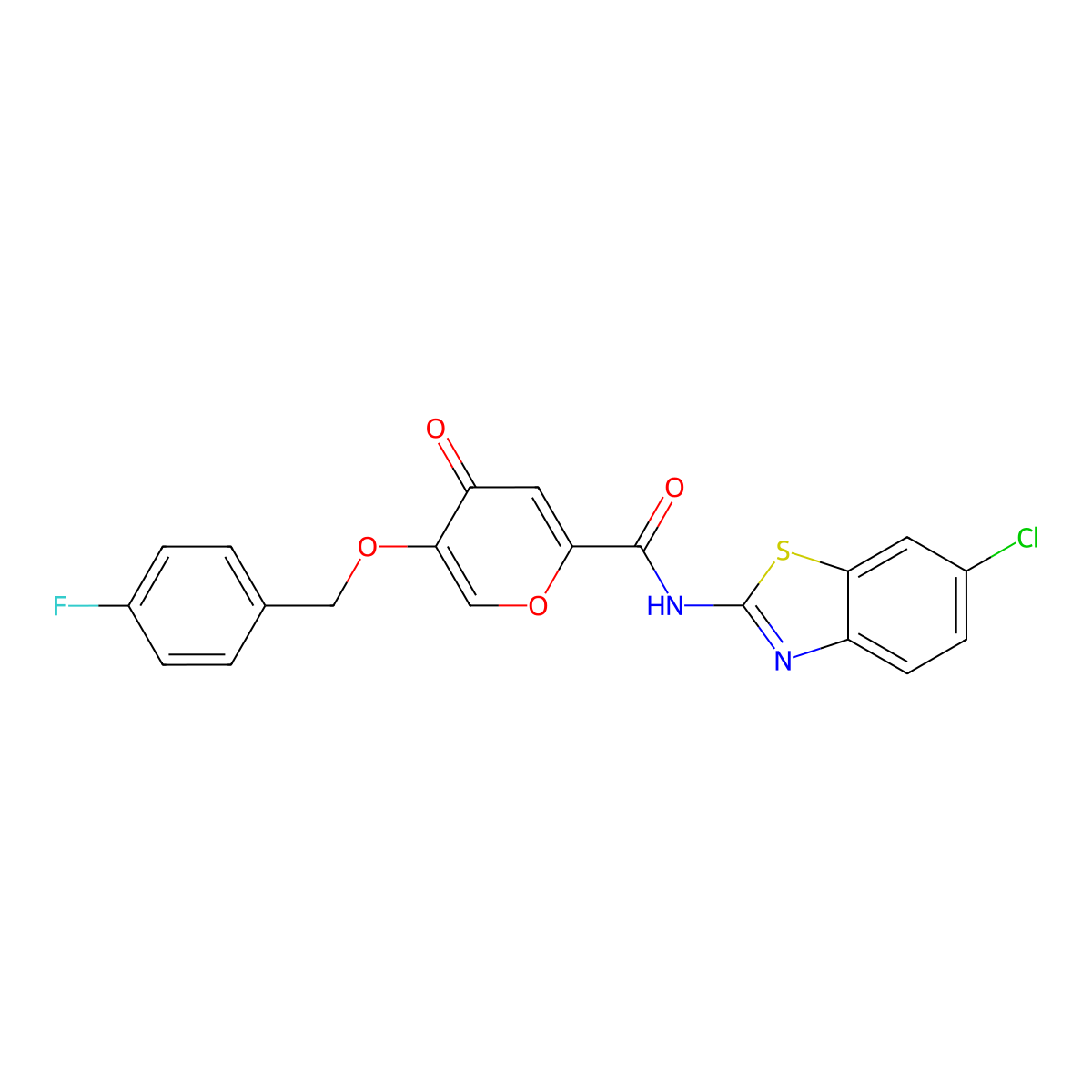 N-(6-chlorobenzo[d]thiazol-2-yl)-5-((4-fluorobenzyl)oxy)-4-oxo-4H-pyran-2-carboxamide molecular structure, CAS 1021060-78-5