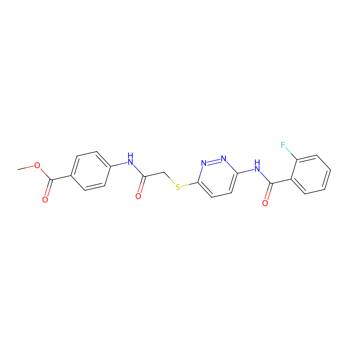 Methyl 4-(2-((6-(2-fluorobenzamido)pyridazin-3-yl)thio)acetamido)benzoate molecular structure, CAS 1021060-80-9