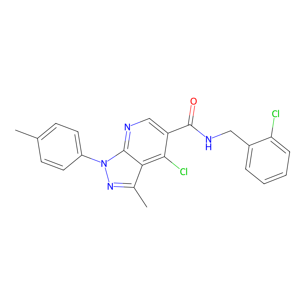 4-chloro-N-(2-chlorobenzyl)-3-methyl-1-(p-tolyl)-1H-pyrazolo[3,4-b]pyridine-5-carboxamide molecular structure, CAS 1021060-82-1