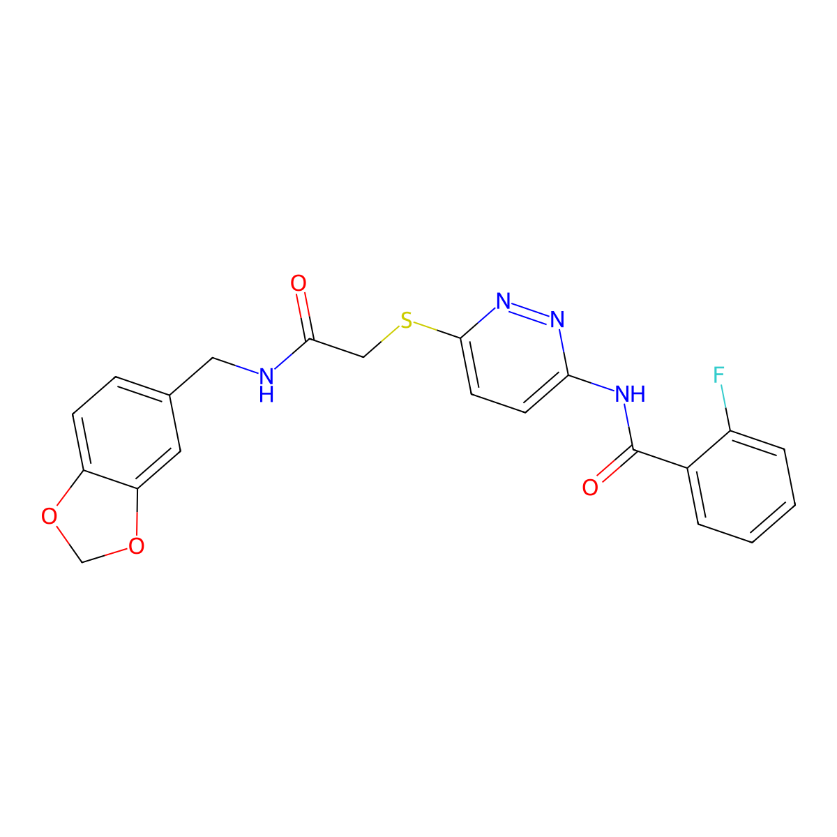 N-(6-((2-((benzo[d][1,3]dioxol-5-ylmethyl)amino)-2-oxoethyl)thio)pyridazin-3-yl)-2-fluorobenzamide molecular structure, CAS 1021060-83-2