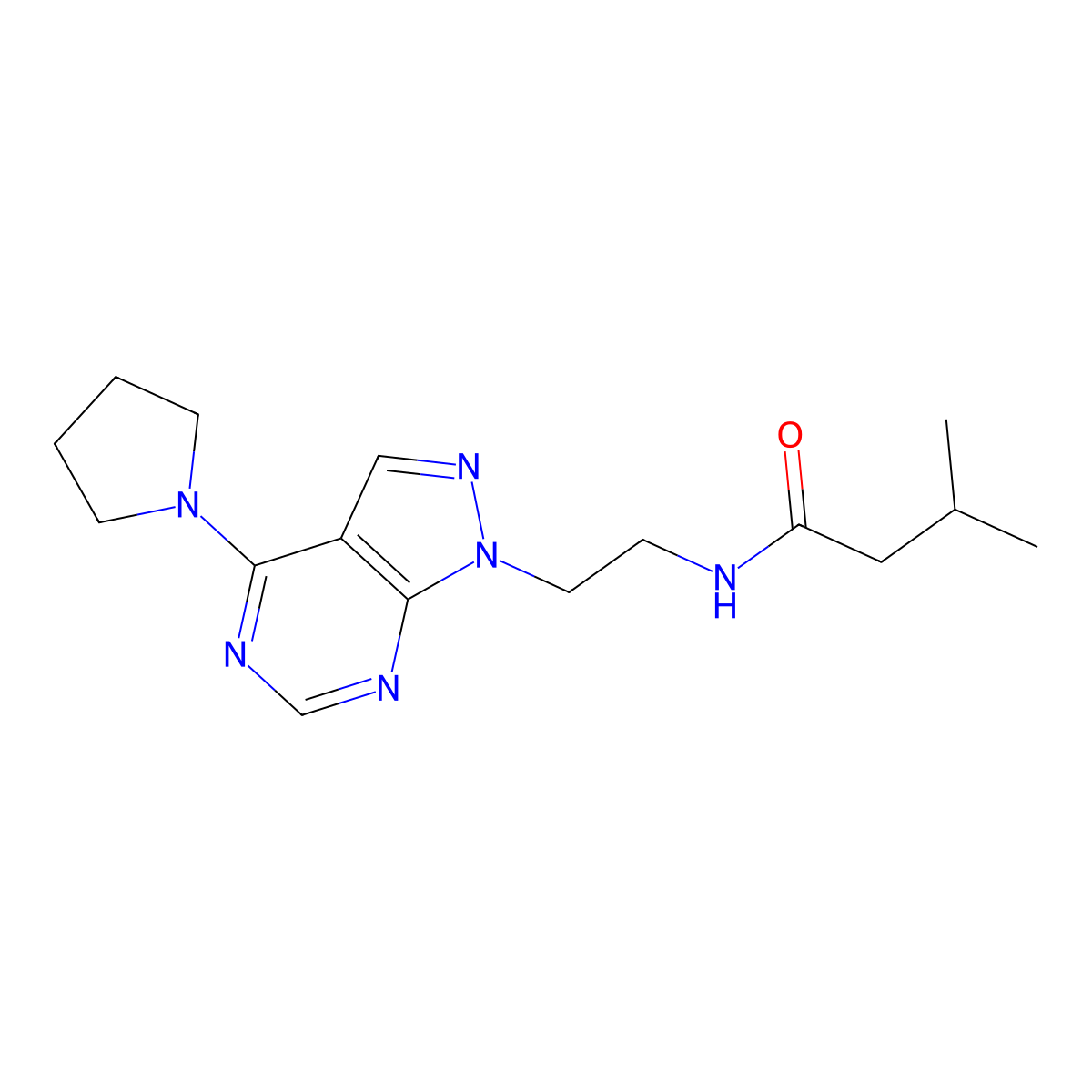 3-methyl-N-(2-(4-(pyrrolidin-1-yl)-1H-pyrazolo[3,4-d]pyrimidin-1-yl)ethyl)butanamide molecular structure, CAS 1021060-85-4