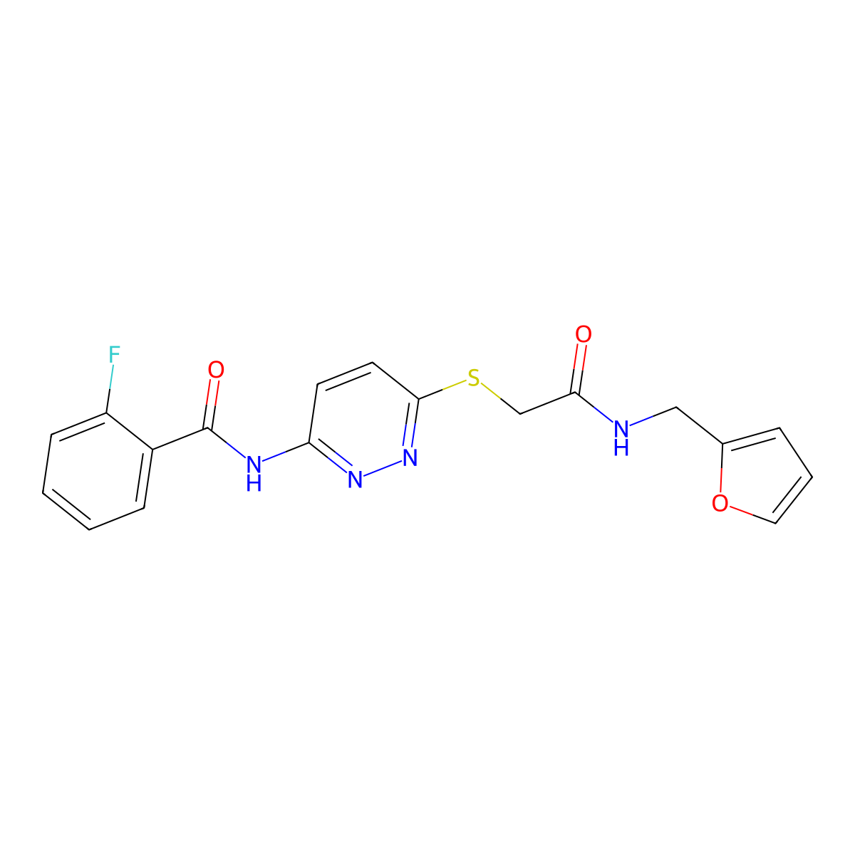 2-fluoro-N-(6-((2-((furan-2-ylmethyl)amino)-2-oxoethyl)thio)pyridazin-3-yl)benzamide molecular structure, CAS 1021060-86-5