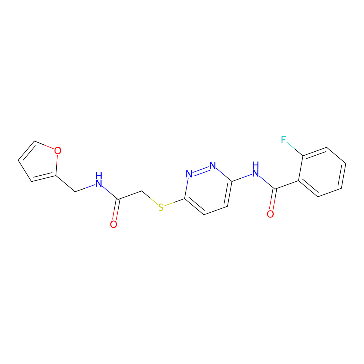 2-fluoro-N-(6-((2-((furan-2-ylmethyl)amino)-2-oxoethyl)thio)pyridazin-3-yl)benzamide molecular structure, CAS 1021060-86-5