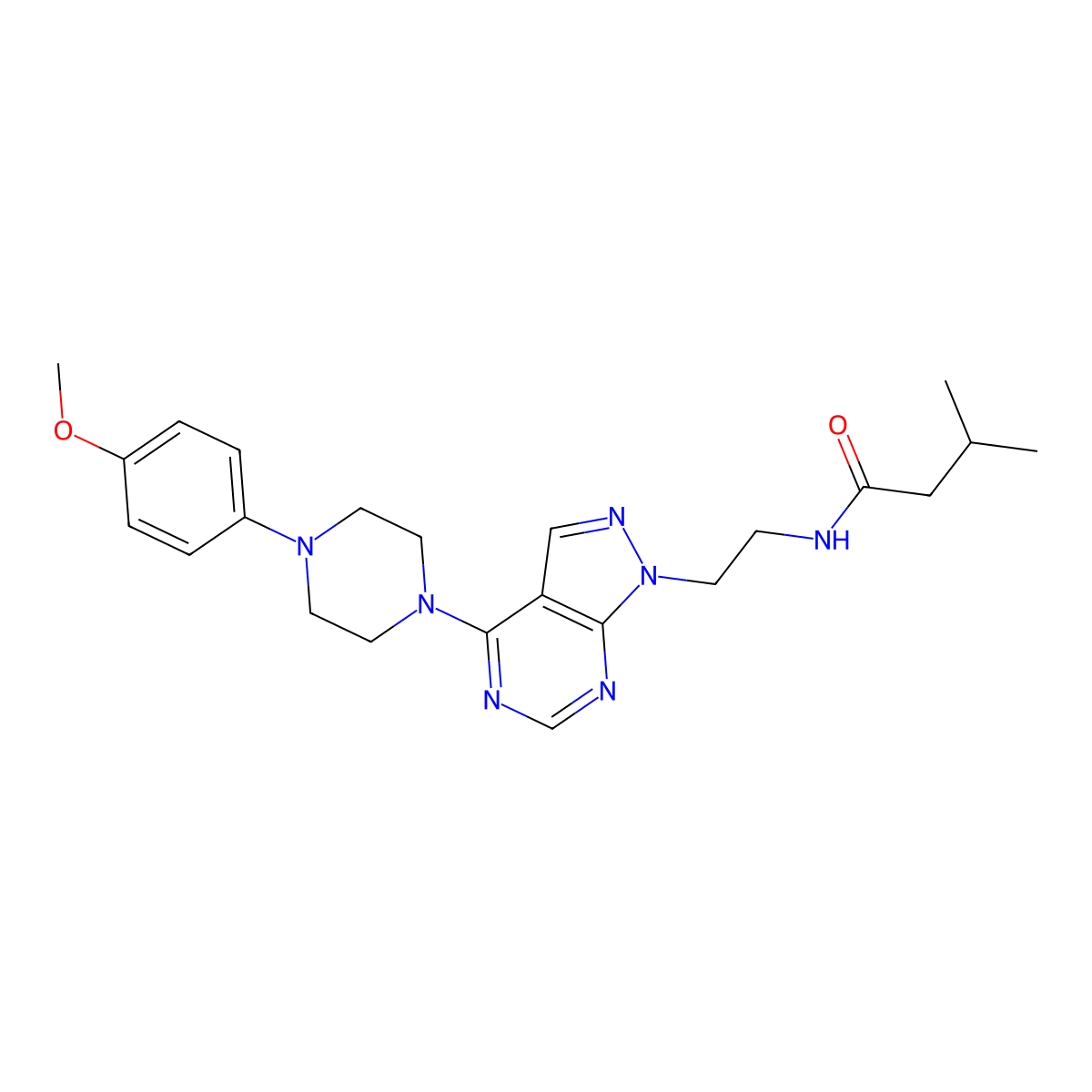 N-(2-(4-(4-(4-methoxyphenyl)piperazin-1-yl)-1H-pyrazolo[3,4-d]pyrimidin-1-yl)ethyl)-3-methylbutanamide molecular structure, CAS 1021060-88-7
