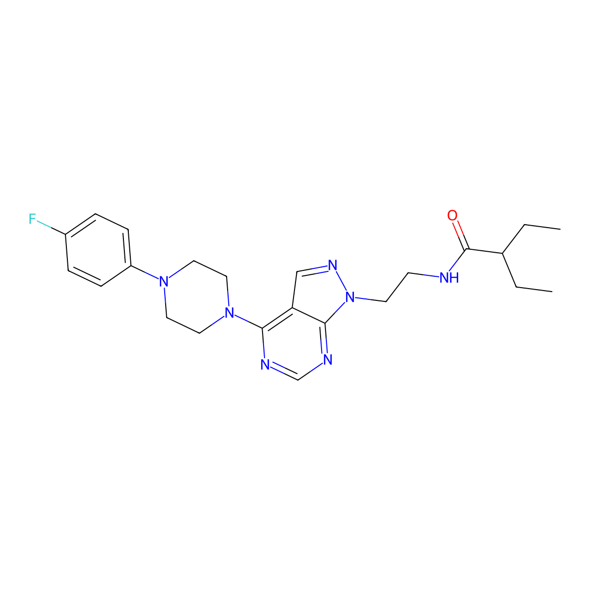 2-ethyl-N-(2-(4-(4-(4-fluorophenyl)piperazin-1-yl)-1H-pyrazolo[3,4-d]pyrimidin-1-yl)ethyl)butanamide molecular structure, CAS 1021060-91-2