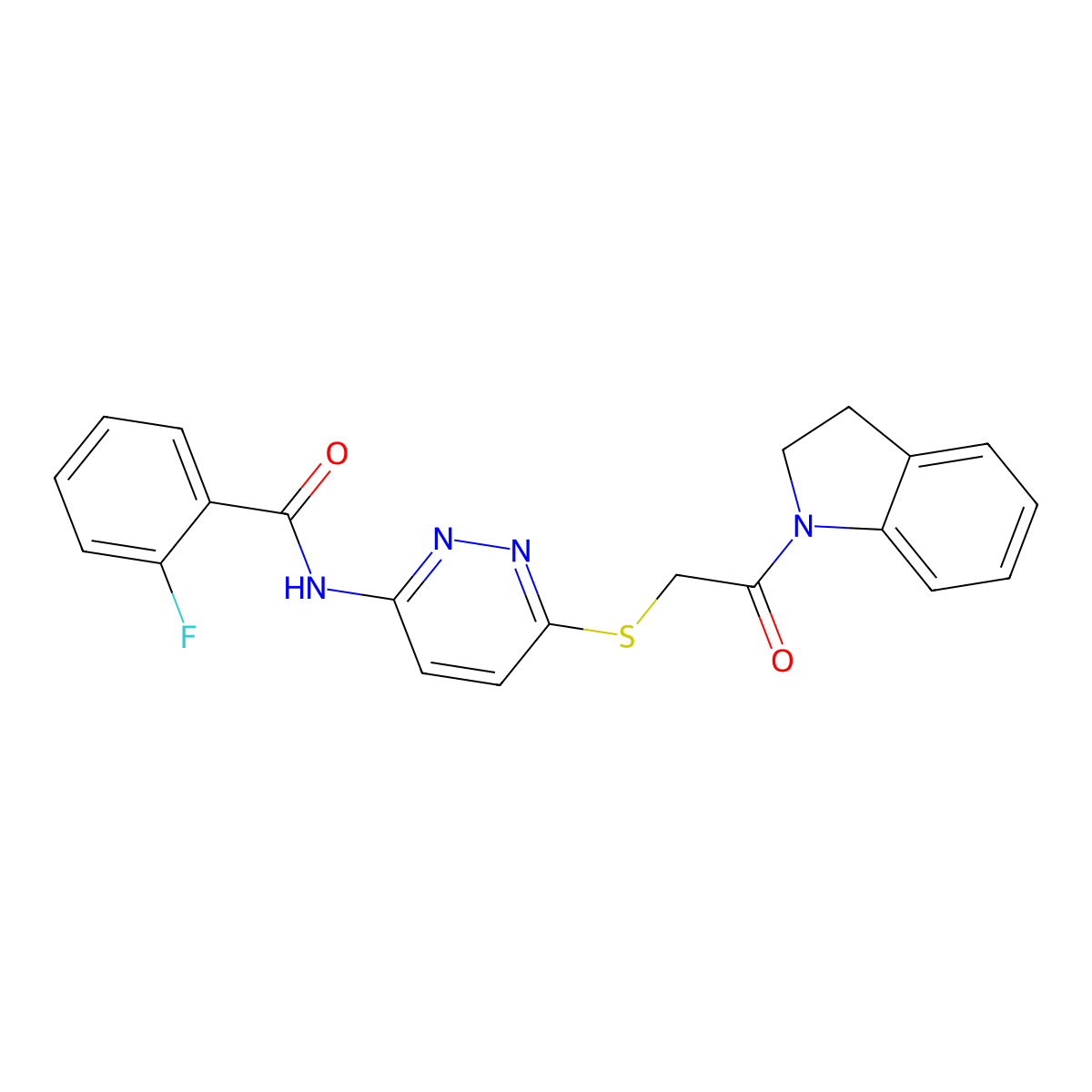 2-fluoro-N-(6-((2-(indolin-1-yl)-2-oxoethyl)thio)pyridazin-3-yl)benzamide molecular structure, CAS 1021060-92-3