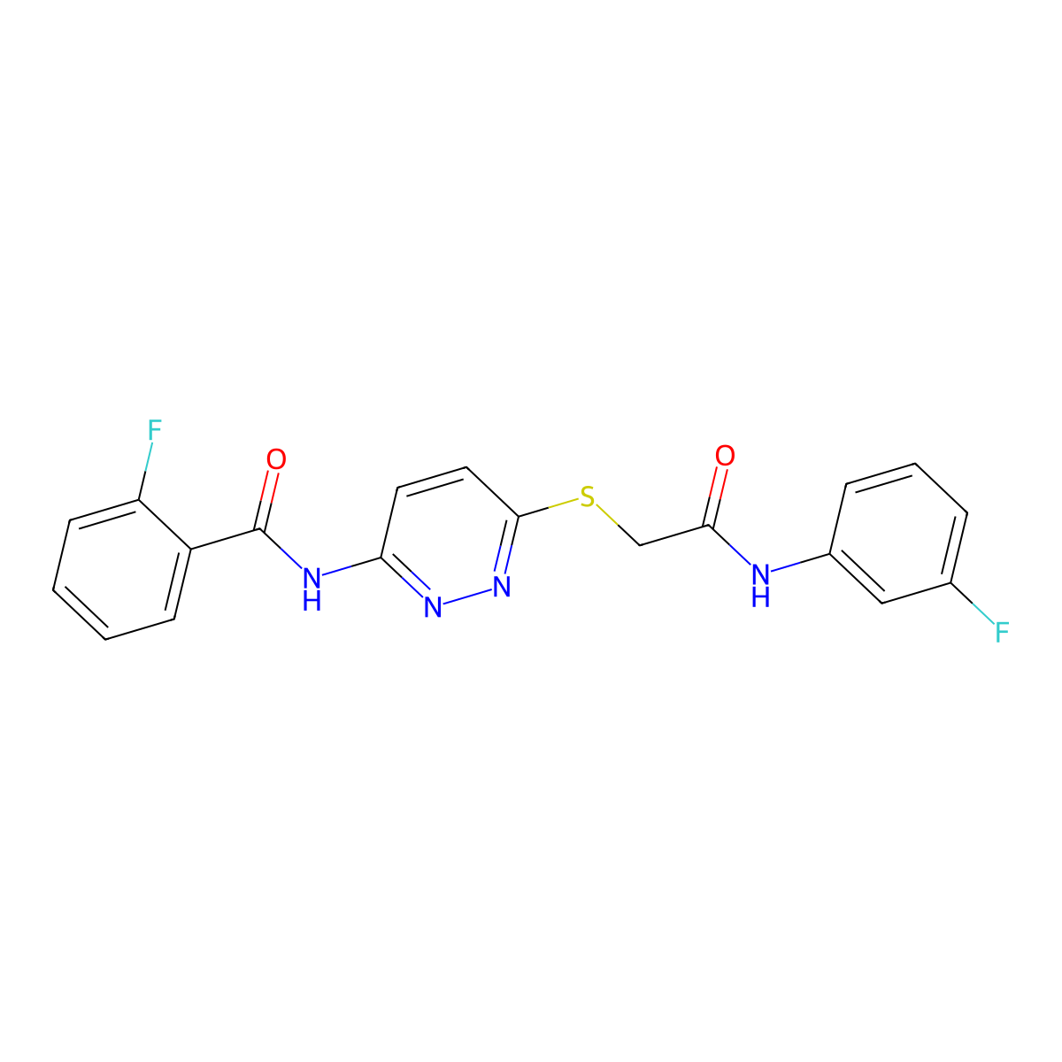 2-fluoro-N-(6-((2-((3-fluorophenyl)amino)-2-oxoethyl)thio)pyridazin-3-yl)benzamide molecular structure, CAS 1021060-94-5