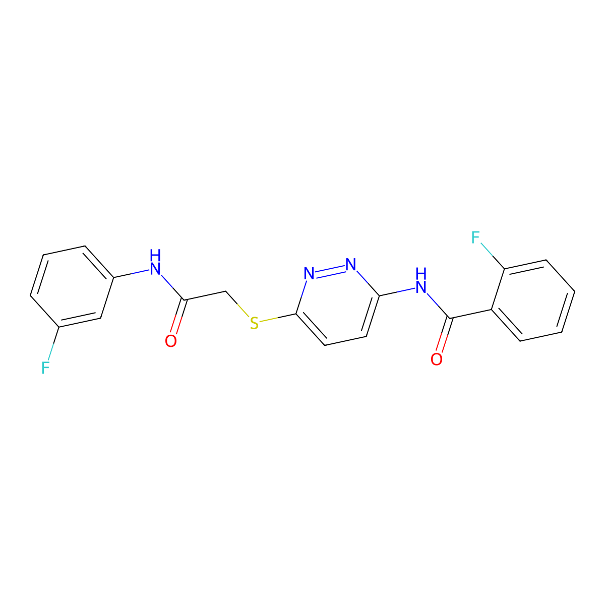 2-fluoro-N-(6-((2-((3-fluorophenyl)amino)-2-oxoethyl)thio)pyridazin-3-yl)benzamide molecular structure, CAS 1021060-94-5