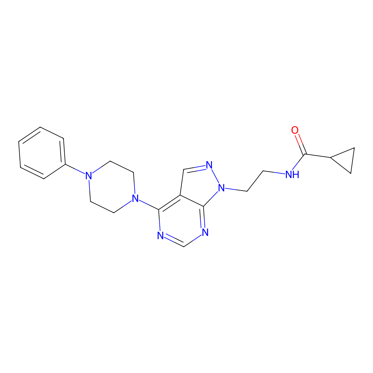 N-(2-(4-(4-phenylpiperazin-1-yl)-1H-pyrazolo[3,4-d]pyrimidin-1-yl)ethyl)cyclopropanecarboxamide molecular structure, CAS 1021060-95-6