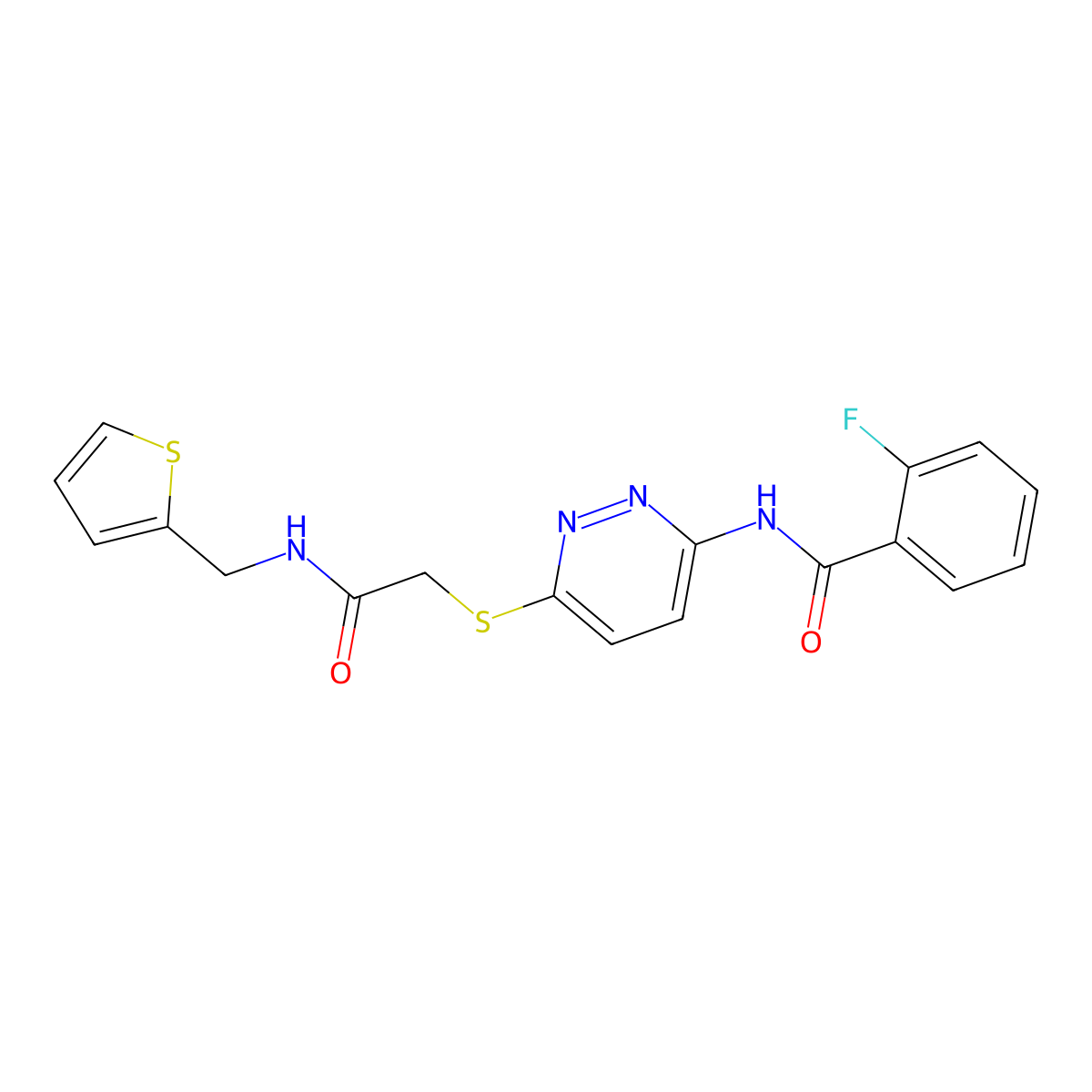 2-fluoro-N-(6-((2-oxo-2-((thiophen-2-ylmethyl)amino)ethyl)thio)pyridazin-3-yl)benzamide molecular structure, CAS 1021060-98-9