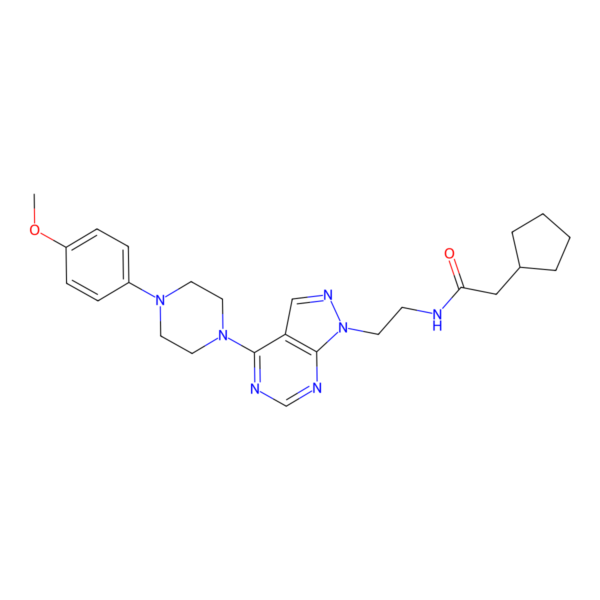 2-cyclopentyl-N-(2-(4-(4-(4-methoxyphenyl)piperazin-1-yl)-1H-pyrazolo[3,4-d]pyrimidin-1-yl)ethyl)acetamide molecular structure, CAS 1021060-99-0