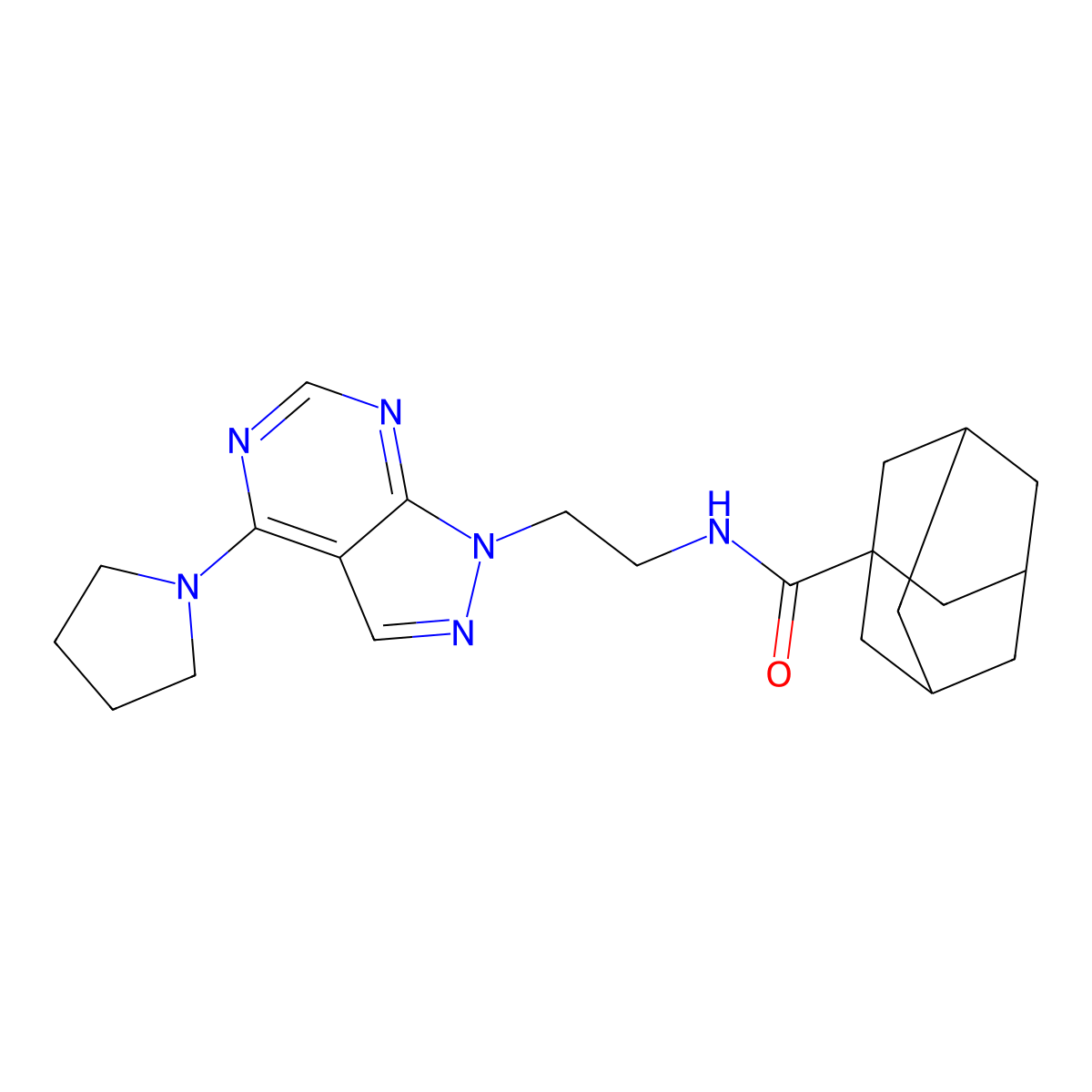 (1s,3s)-N-(2-(4-(pyrrolidin-1-yl)-1H-pyrazolo[3,4-d]pyrimidin-1-yl)ethyl)adamantane-1-carboxamide molecular structure, CAS 1021061-01-7