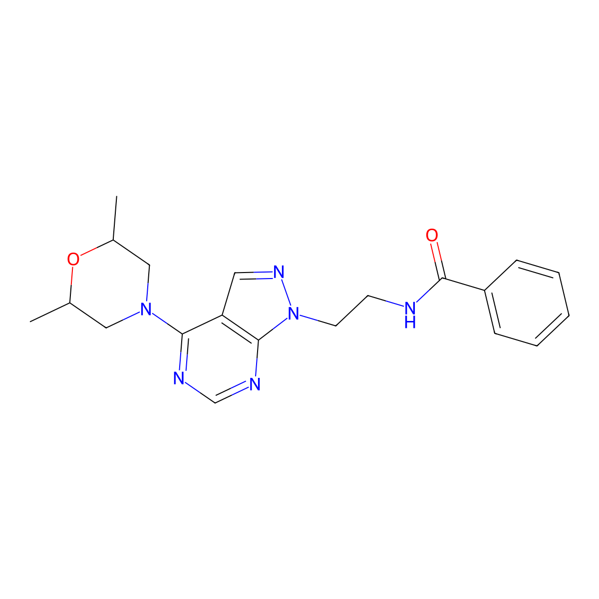 N-(2-(4-(2,6-dimethylmorpholino)-1H-pyrazolo[3,4-d]pyrimidin-1-yl)ethyl)benzamide molecular structure, CAS 1021061-07-3