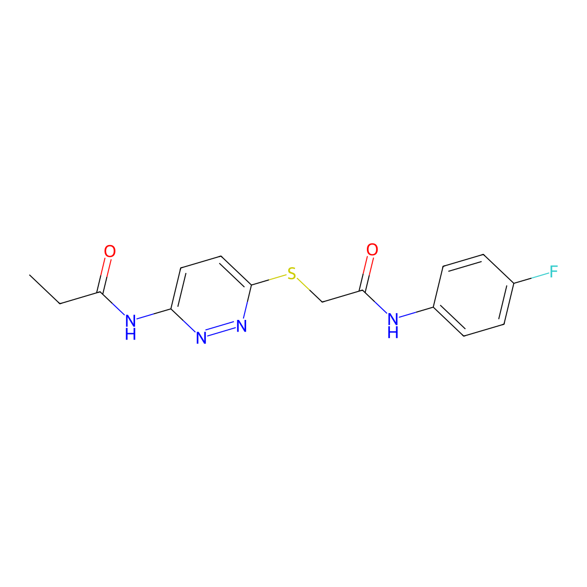 N-(6-((2-((4-fluorophenyl)amino)-2-oxoethyl)thio)pyridazin-3-yl)propionamide molecular structure, CAS 1021061-08-4