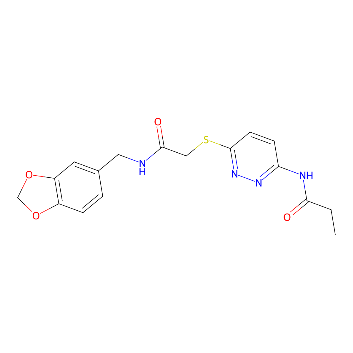 N-(6-((2-((benzo[d][1,3]dioxol-5-ylmethyl)amino)-2-oxoethyl)thio)pyridazin-3-yl)propionamide molecular structure, CAS 1021061-11-9