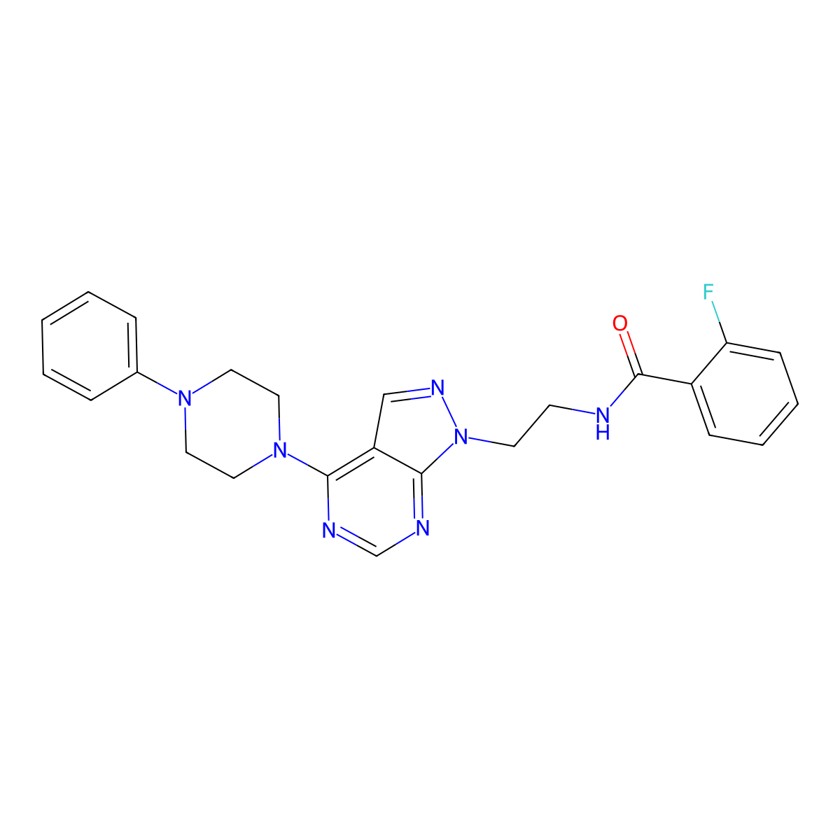 2-fluoro-N-(2-(4-(4-phenylpiperazin-1-yl)-1H-pyrazolo[3,4-d]pyrimidin-1-yl)ethyl)benzamide molecular structure, CAS 1021061-13-1