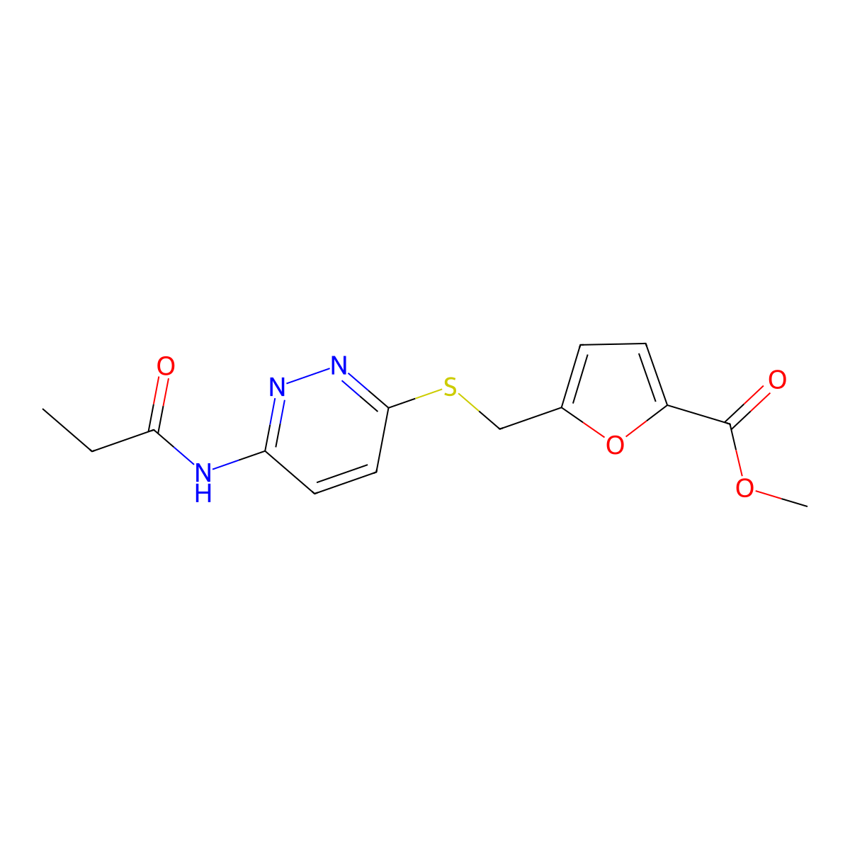 Methyl 5-(((6-propionamidopyridazin-3-yl)thio)methyl)furan-2-carboxylate molecular structure, CAS 1021061-14-2