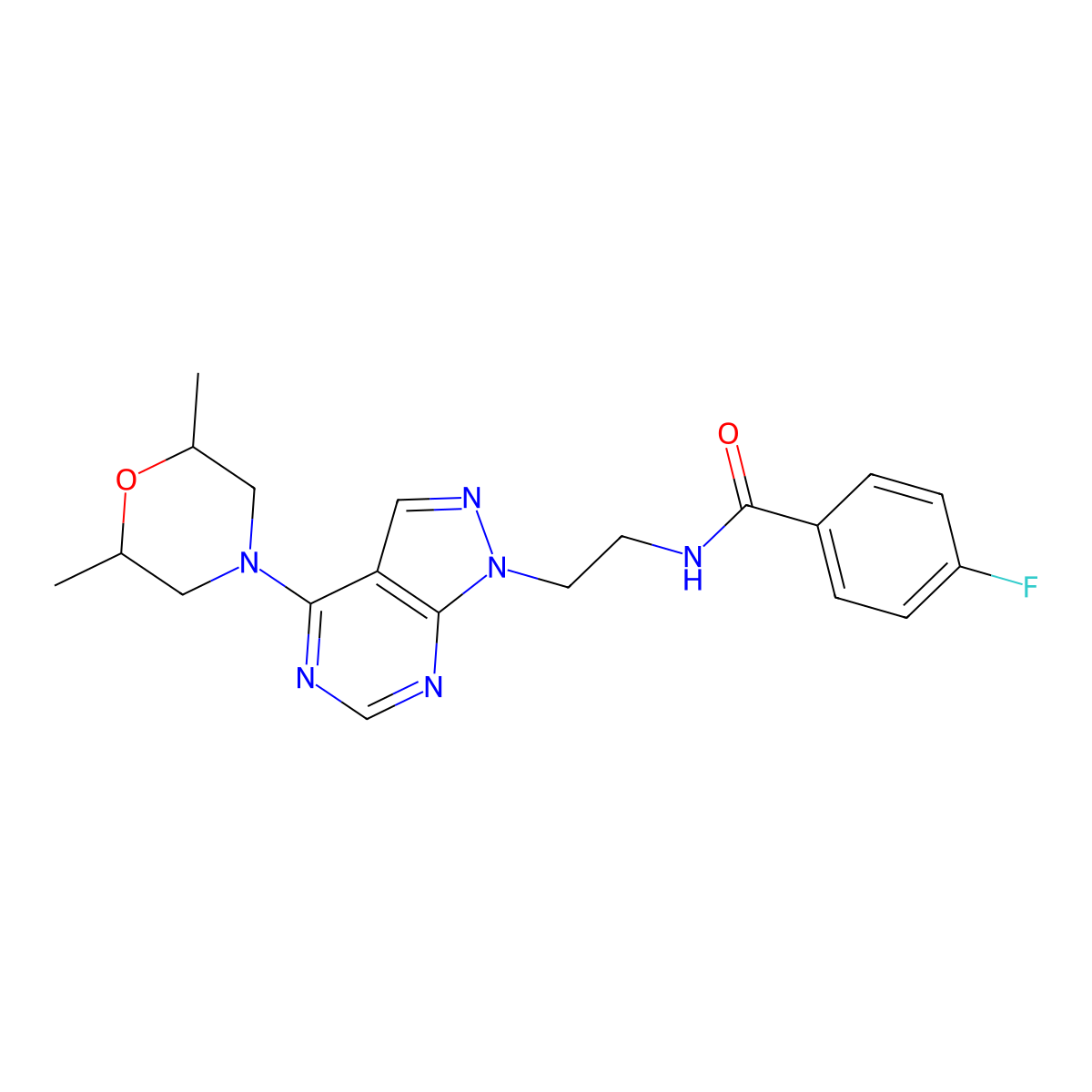 N-(2-(4-(2,6-dimethylmorpholino)-1H-pyrazolo[3,4-d]pyrimidin-1-yl)ethyl)-4-fluorobenzamide molecular structure, CAS 1021061-15-3
