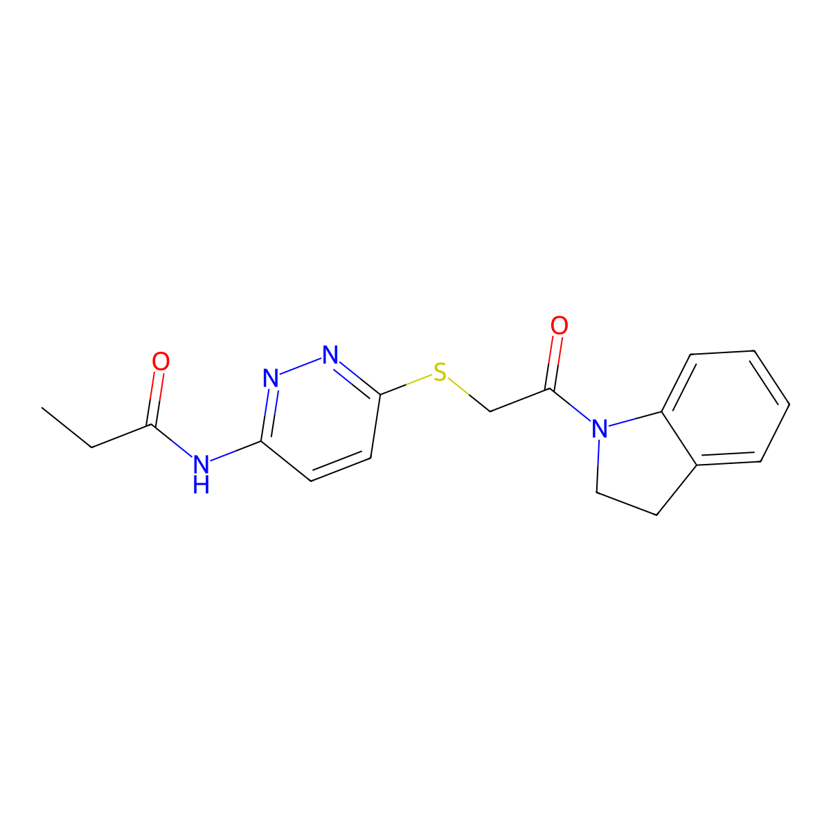 N-(6-((2-(indolin-1-yl)-2-oxoethyl)thio)pyridazin-3-yl)propionamide molecular structure, CAS 1021061-16-4