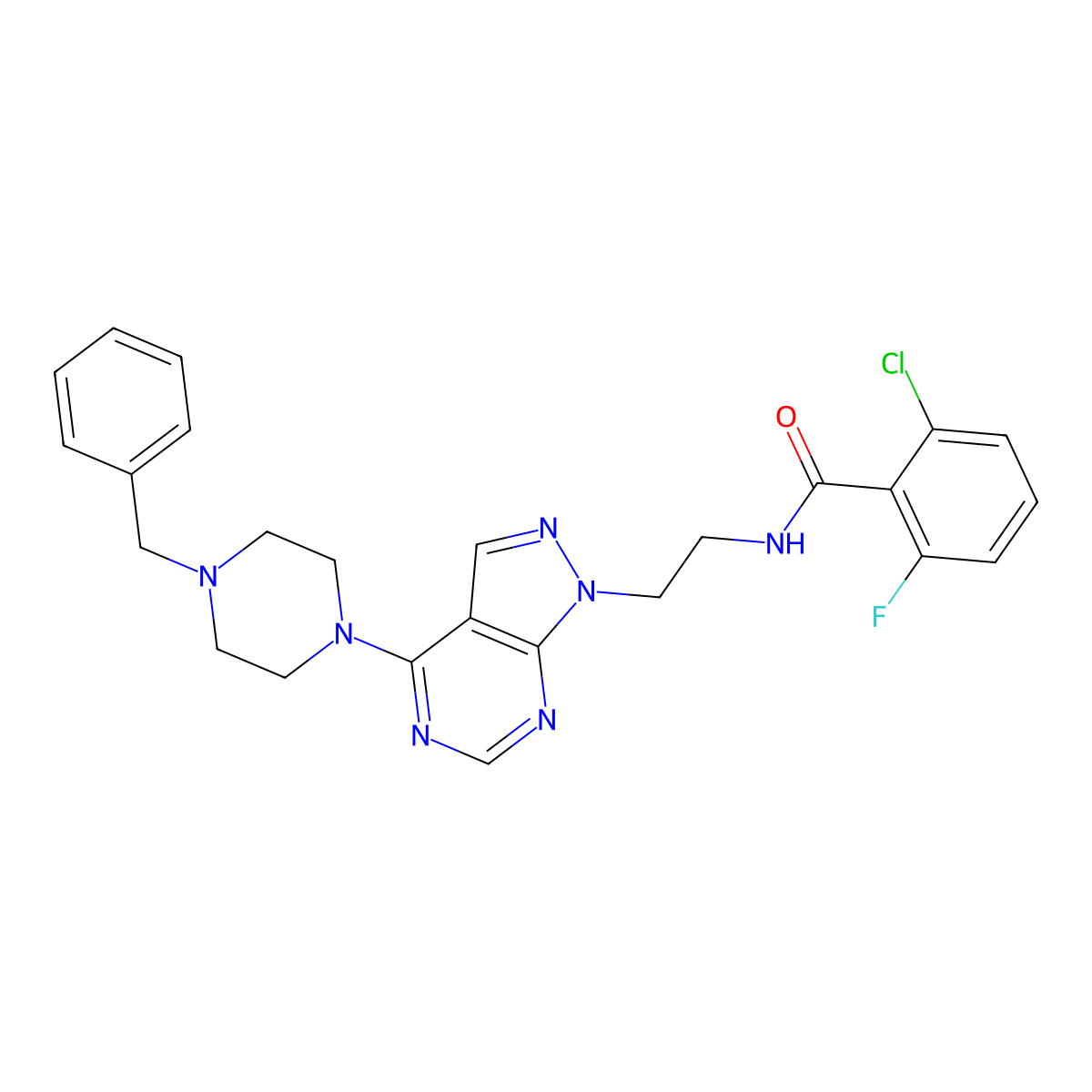 N-(2-(4-(4-benzylpiperazin-1-yl)-1H-pyrazolo[3,4-d]pyrimidin-1-yl)ethyl)-2-chloro-6-fluorobenzamide molecular structure, CAS 1021061-25-5