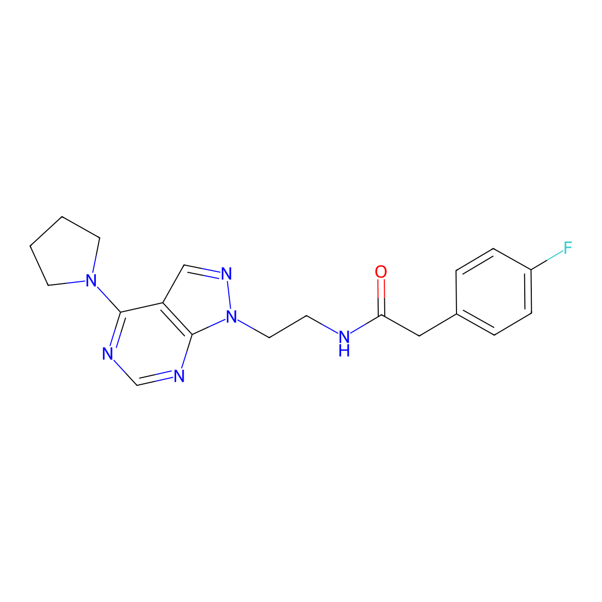 2-(4-fluorophenyl)-N-(2-(4-(pyrrolidin-1-yl)-1H-pyrazolo[3,4-d]pyrimidin-1-yl)ethyl)acetamide molecular structure, CAS 1021061-29-9